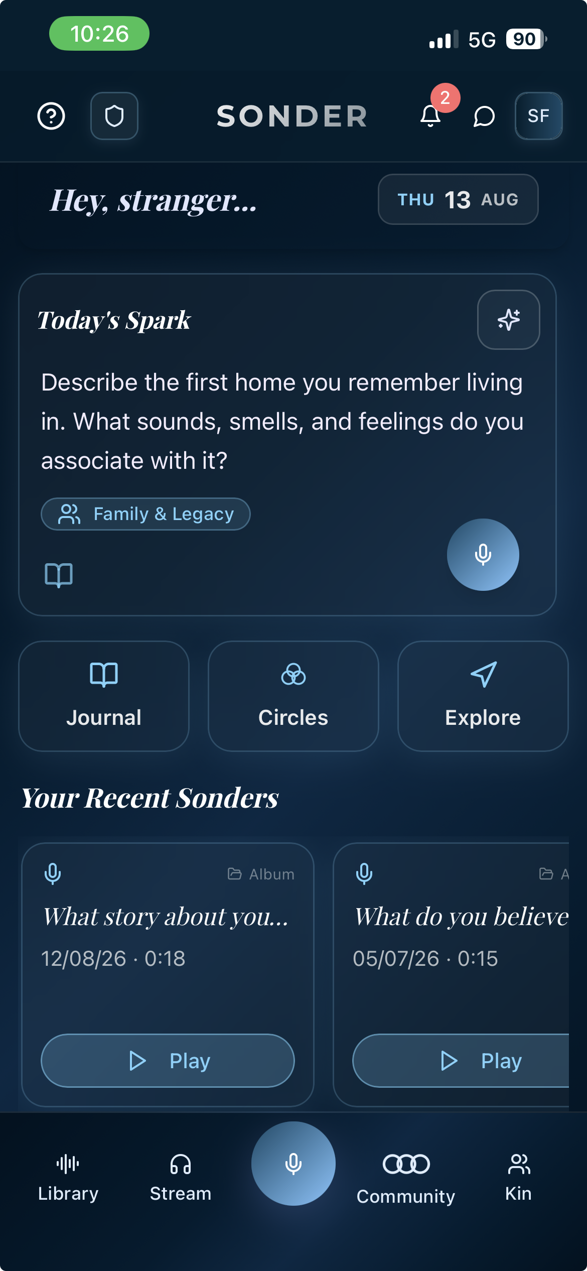 Sonder Home Screen